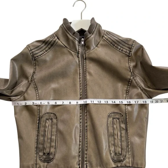 Blue Spice Womens Size Large Faux Leather Bomber Coat Jacket Full Zip Brown Tan - Picture 8 of 14